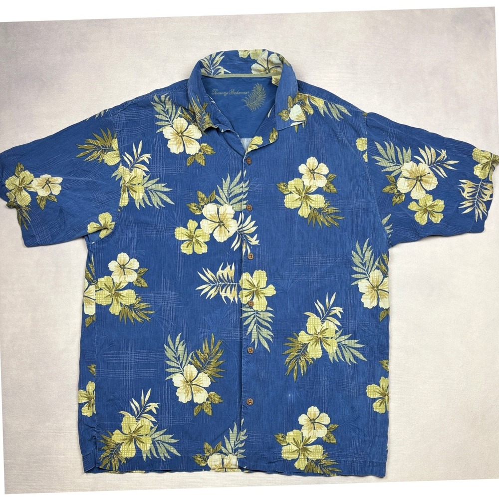 Tommy Bahama Mens Blue Silk Hibiscus Floral Tropical Camp Shirt Large RN 86549